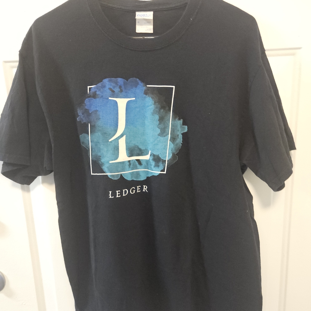 LEDGER Skillet Drummer Band Black Tee with Blue Graphic